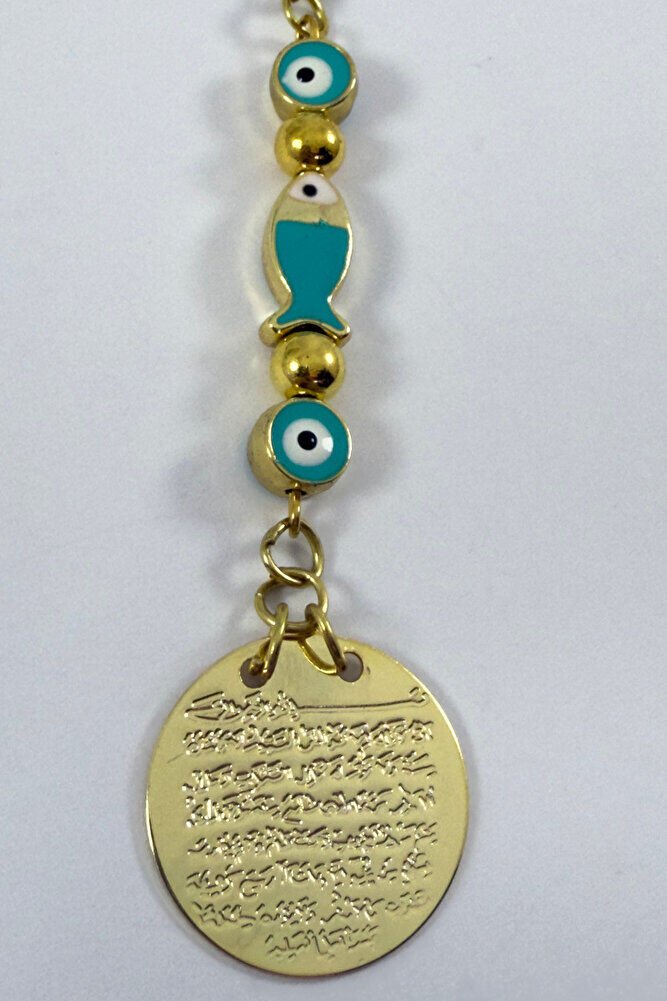 Turquoise Evil Eye Beaded Fish Metal Ayetel Kursi Gold Color Car Rearview Mirror Ornament