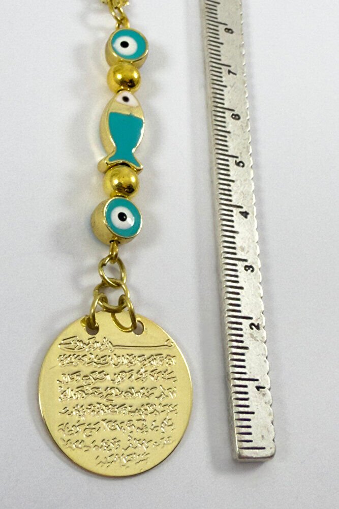 Turquoise Evil Eye Beaded Fish Metal Ayetel Kursi Gold Color Car Rearview Mirror Ornament