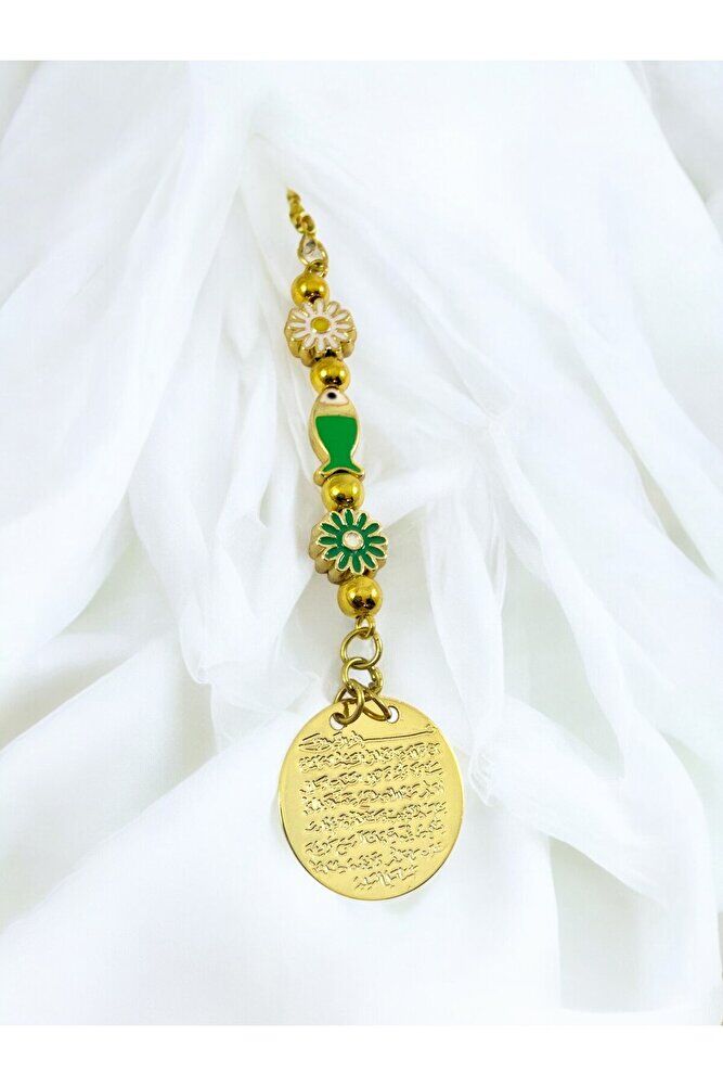 Papatya Yeşil Balık Metal Ayetel Kürsi Altın Renkli Araba Dikiz Ayna Süsü