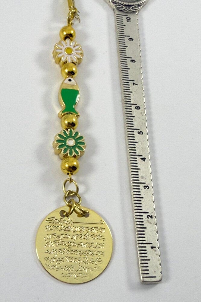 Papatya Yeşil Balık Metal Ayetel Kürsi Altın Renkli Araba Dikiz Ayna Süsü