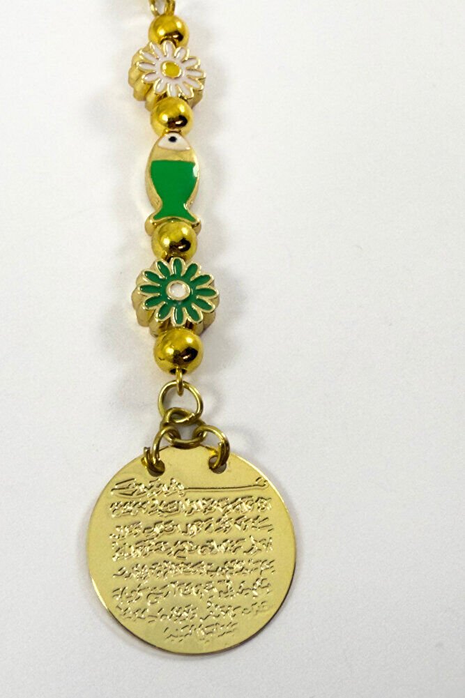 Papatya Yeşil Balık Metal Ayetel Kürsi Altın Renkli Araba Dikiz Ayna Süsü