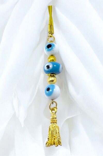 Beyaz Ve Mavi Cam Nazar Boncuklu Araba Dikiz Ayna Süsü, El Yapımı Yeni Araba Hediyesi