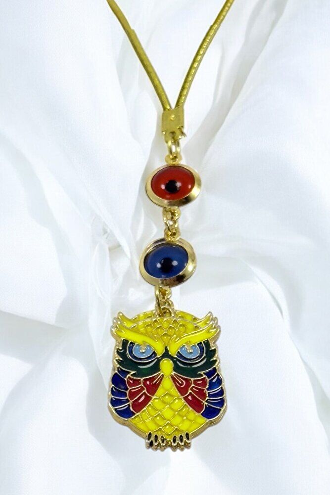 Çerçeveli Nazar Boncuklu Renkli Baykuş Figürlü Araba Dikiz Ayna Süsü, Yeni Araba Hediyesi