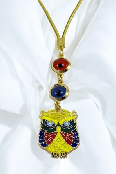 Çerçeveli Nazar Boncuklu Renkli Baykuş Figürlü Araba Dikiz Ayna Süsü, Yeni Araba Hediyesi