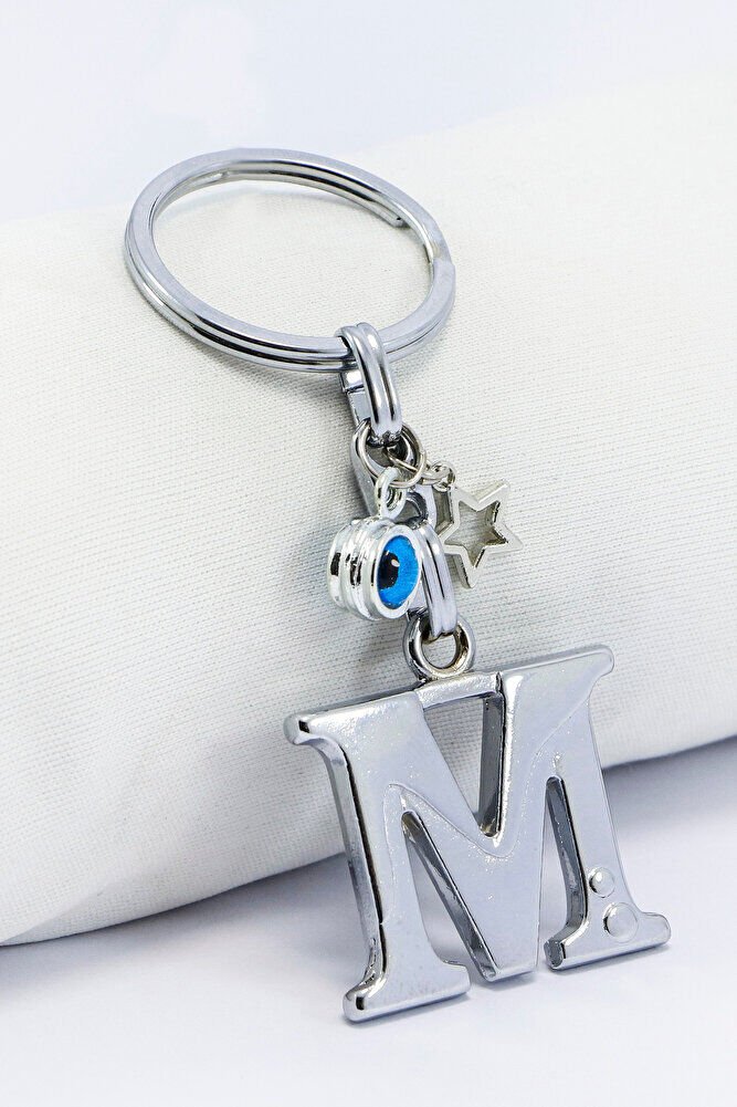 Gümüş Renkli Yıldızlı Nazar Boncuklu Metal M Harfi Anahtarlık / Harfli Çanta Süsü