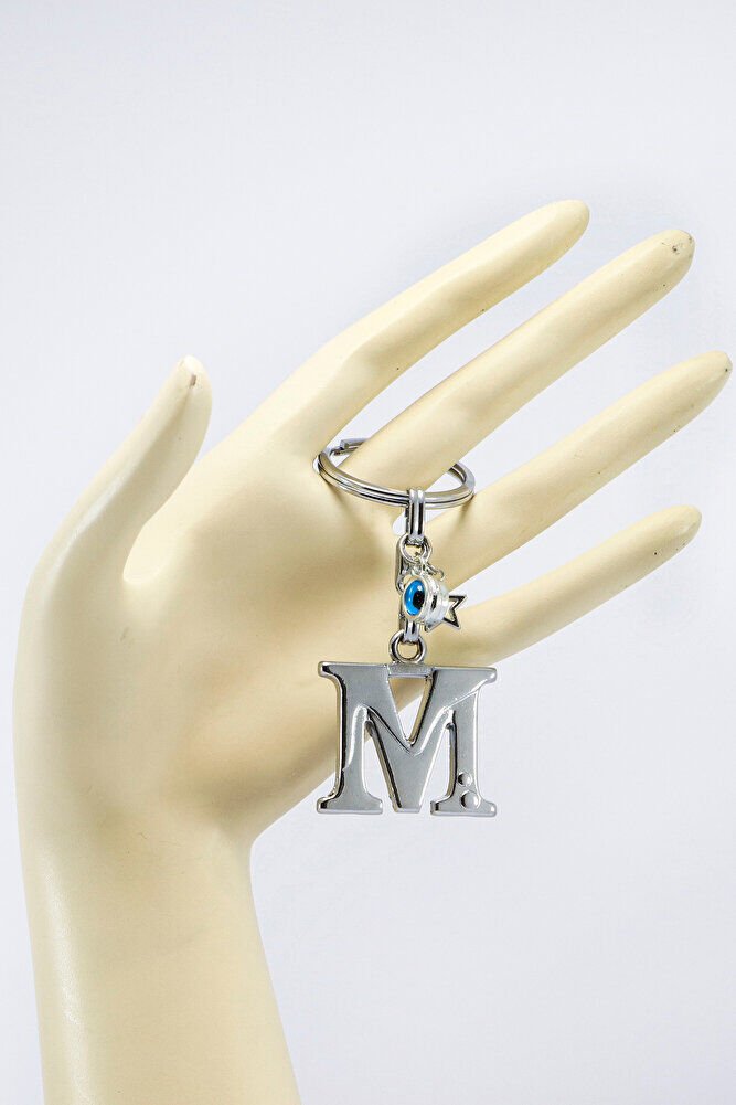 Gümüş Renkli Yıldızlı Nazar Boncuklu Metal M Harfi Anahtarlık / Harfli Çanta Süsü