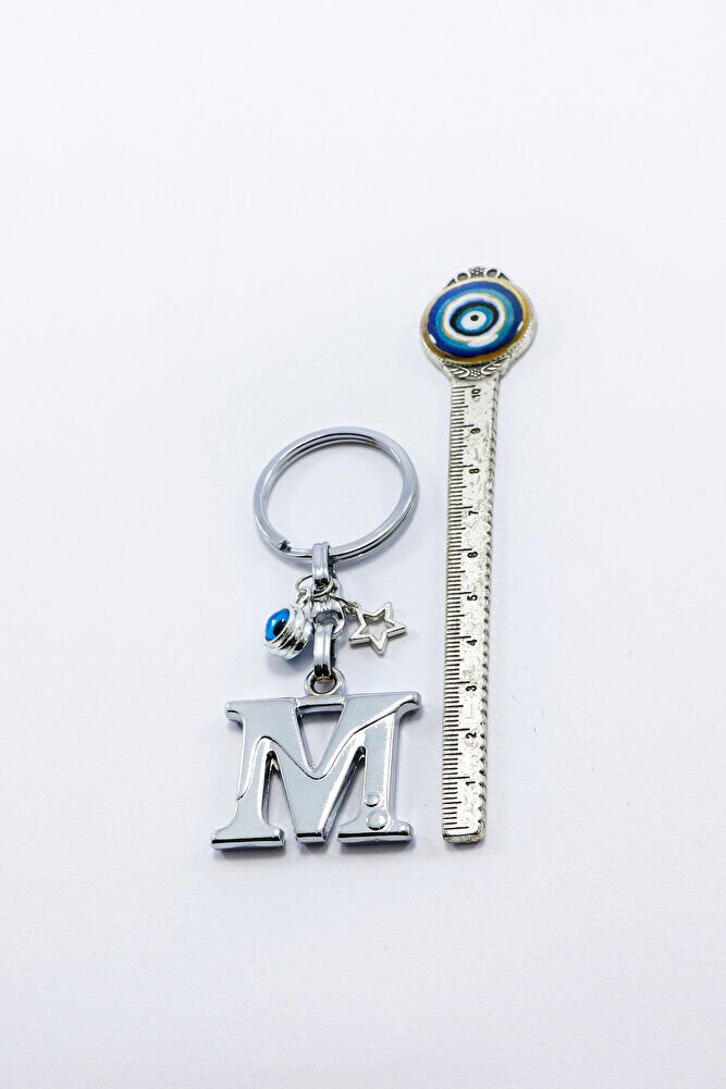 Gümüş Renkli Yıldızlı Nazar Boncuklu Metal M Harfi Anahtarlık / Harfli Çanta Süsü