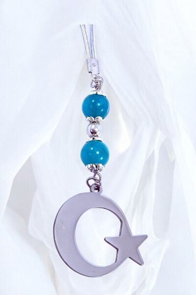 Turkuaz Doğal Taşlı Ay Yıldız Araba Dikiz Ayna Süsü, Yeni Araba Hediyesi