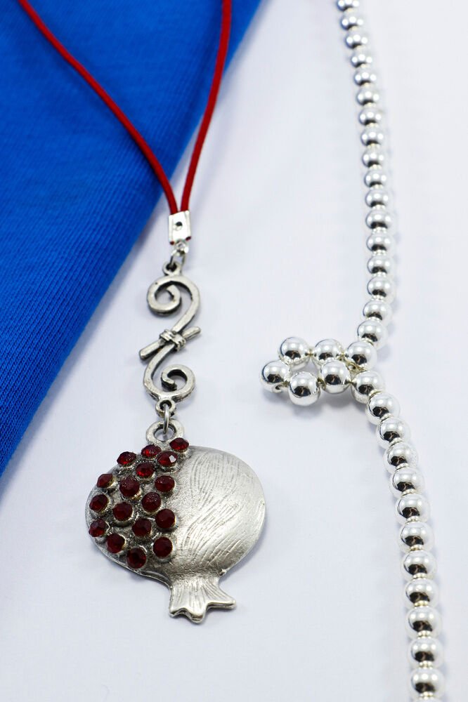 Koyu Kırmızı Parlak Taşlı Metal Nar Araba Dikiz Ayna Süsü, Mat Gümüş Renkli Lüks Araç Süsü