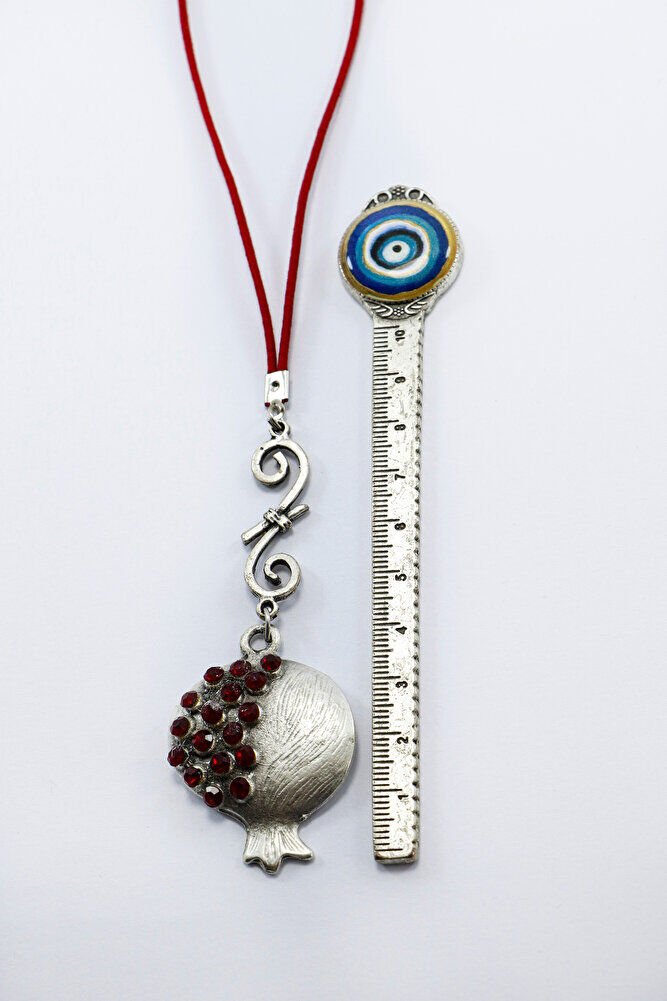 Koyu Kırmızı Parlak Taşlı Metal Nar Araba Dikiz Ayna Süsü, Mat Gümüş Renkli Lüks Araç Süsü