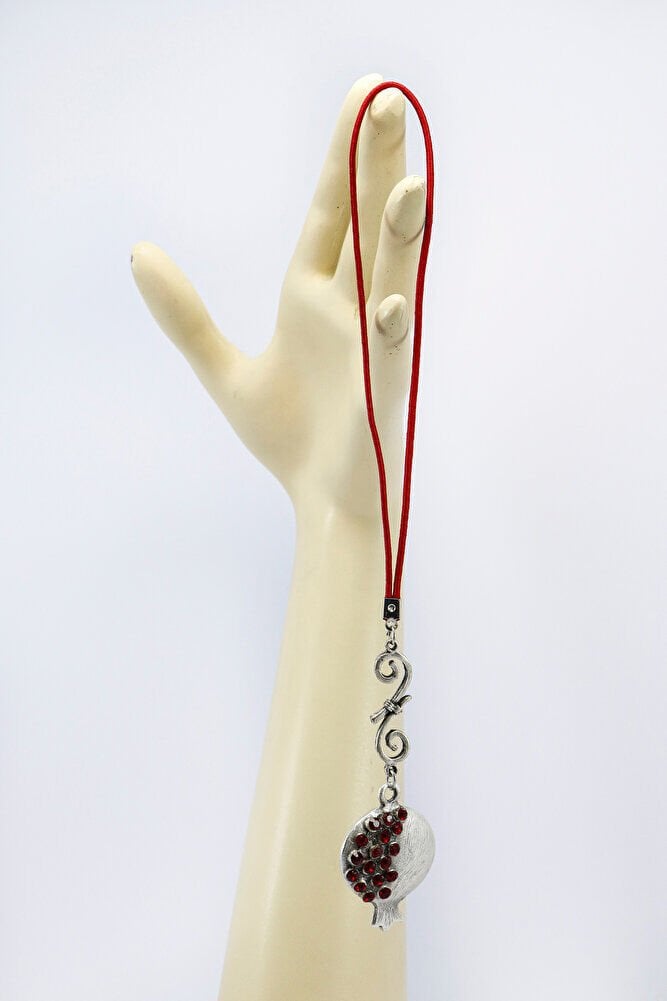 Koyu Kırmızı Parlak Taşlı Metal Nar Araba Dikiz Ayna Süsü, Mat Gümüş Renkli Lüks Araç Süsü