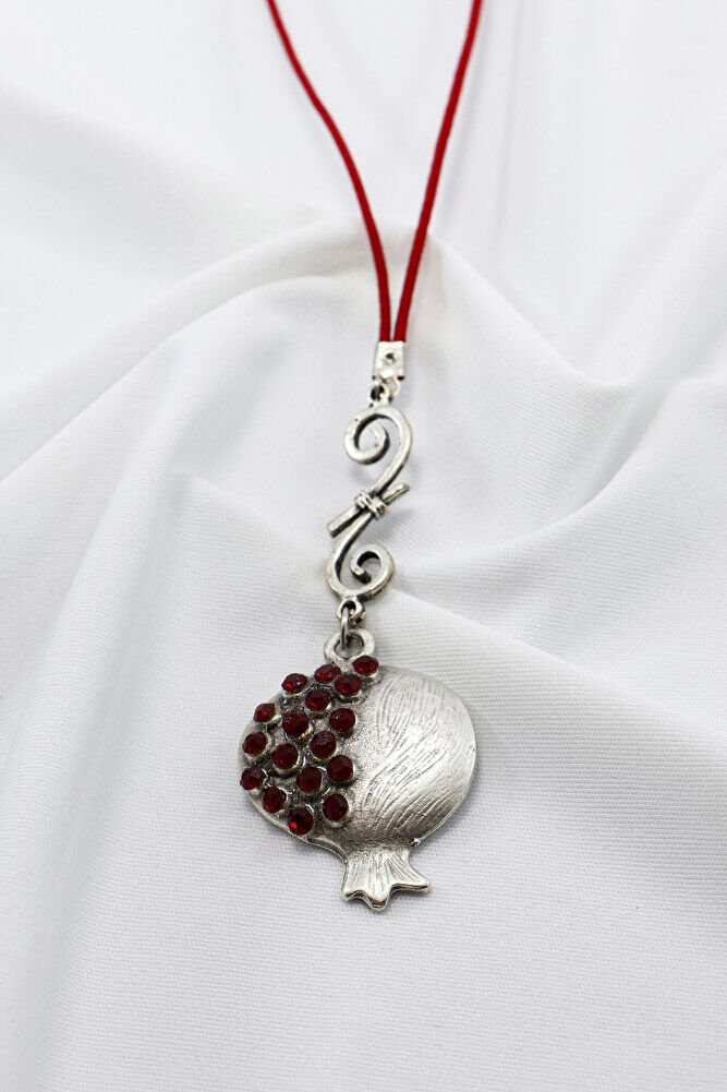 Koyu Kırmızı Parlak Taşlı Metal Nar Araba Dikiz Ayna Süsü, Mat Gümüş Renkli Lüks Araç Süsü