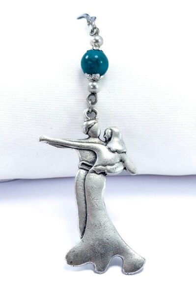 Turkuaz Doğal Taşlı Metal Dans Eden Çift Araba Dikiz Ayna Süsü, Yeni Araba Hediyesi