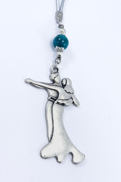 Turkuaz Doğal Taşlı Metal Dans Eden Çift Araba Dikiz Ayna Süsü, Yeni Araba Hediyesi