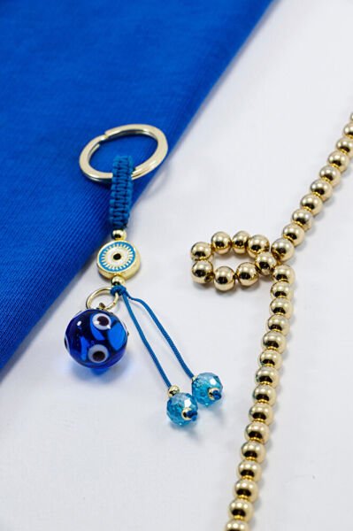 El Yapımı Cam Turkuaz Çok Gözlü Nazar Boncuğu Anahtarlık, Özel Tasarım Çanta Süsü