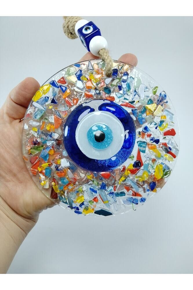 Renkli Kırıntılı Cam Nazar Boncuğu El Yapımı Duvar Dekoru 13 Cm Füzyon Hediyelik Eşya