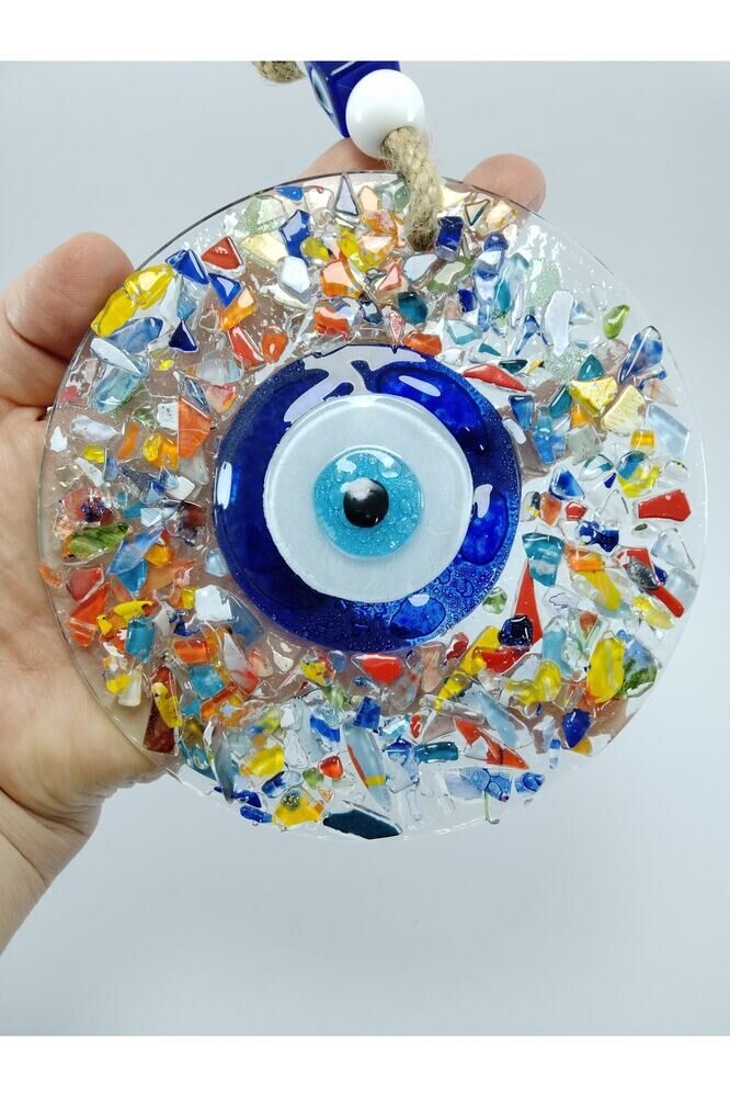 Renkli Kırıntılı Cam Nazar Boncuğu El Yapımı Duvar Dekoru 13 Cm Füzyon Hediyelik Eşya