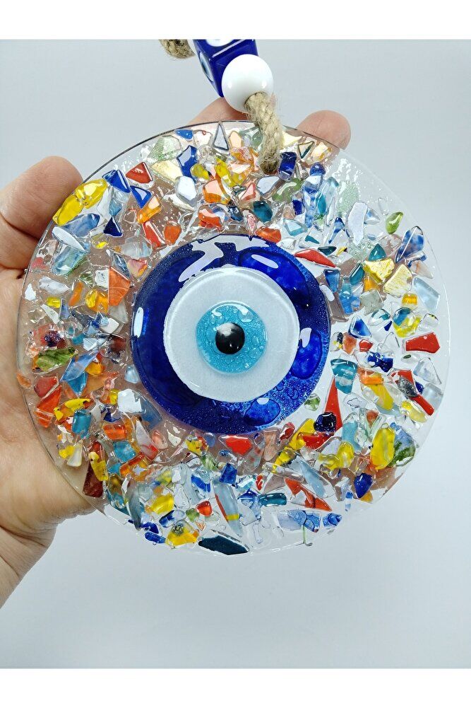 Renkli Kırıntılı Cam Nazar Boncuğu El Yapımı Duvar Dekoru 13 Cm Füzyon Hediyelik Eşya