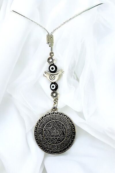 Handmade Glass Evil Eye Bird Talisman Seal of Solomon Car Rearview Mirror Ornament