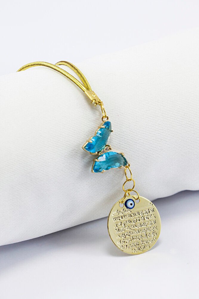 Turkuaz taş Kelebek Nazar Boncuğu Mineli Gold Renkli Metal Ayet'el Kürsi Dikiz Ayna Süsü