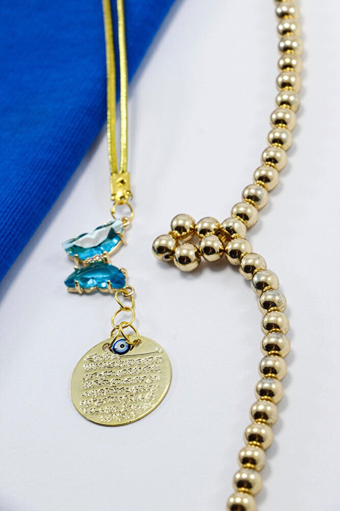 Turkuaz taş Kelebek Nazar Boncuğu Mineli Gold Renkli Metal Ayet'el Kürsi Dikiz Ayna Süsü