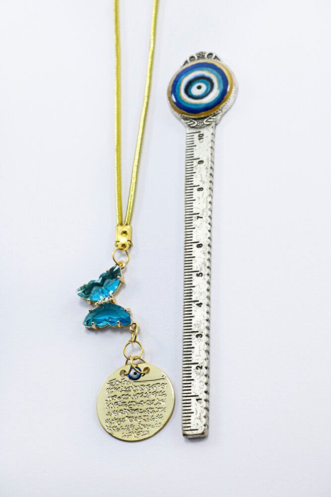 Turkuaz taş Kelebek Nazar Boncuğu Mineli Gold Renkli Metal Ayet'el Kürsi Dikiz Ayna Süsü