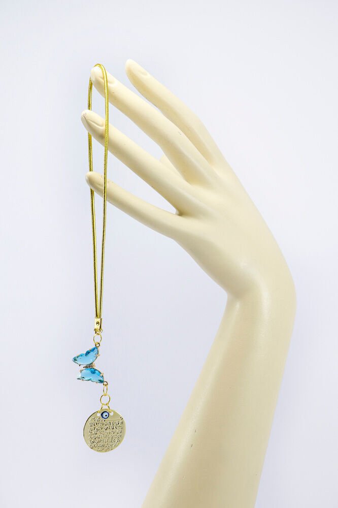 Turkuaz taş Kelebek Nazar Boncuğu Mineli Gold Renkli Metal Ayet'el Kürsi Dikiz Ayna Süsü