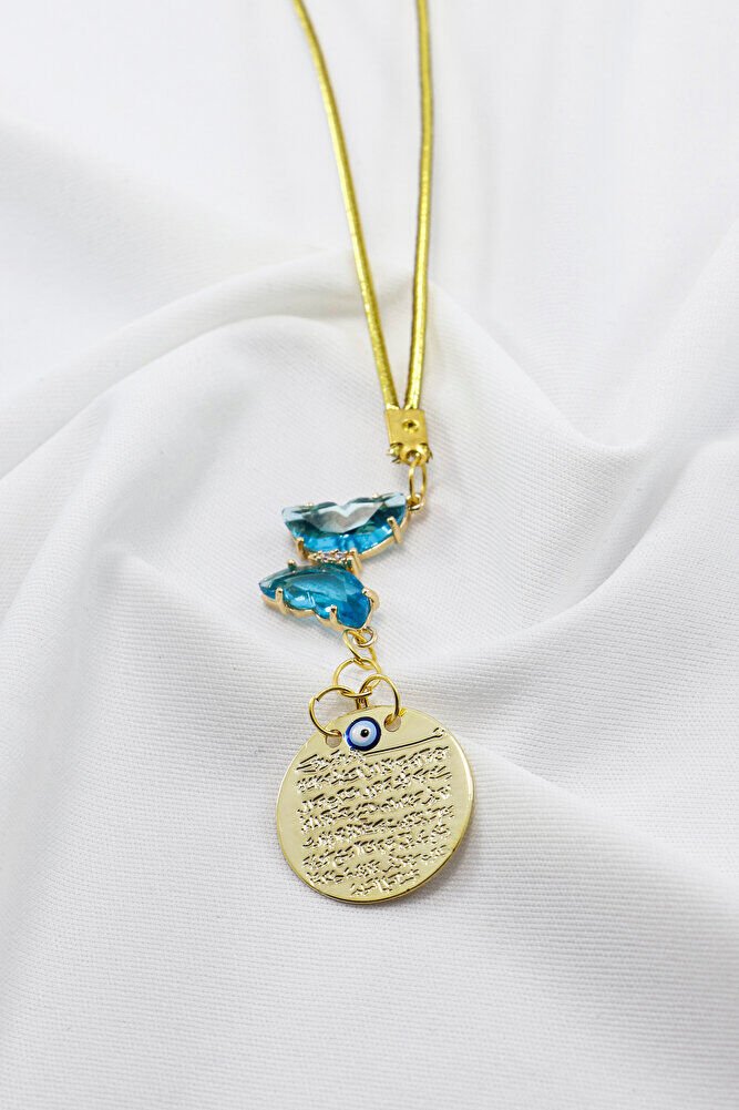 Turkuaz taş Kelebek Nazar Boncuğu Mineli Gold Renkli Metal Ayet'el Kürsi Dikiz Ayna Süsü