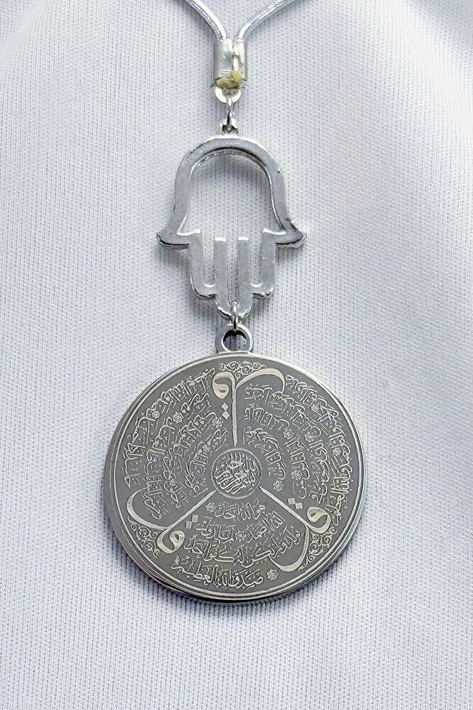 Silver Color Steel Double Sided Ayetel Kursi Felak Nas Ihlas Car Mirror Ornament with Shiny Stone Anchovy