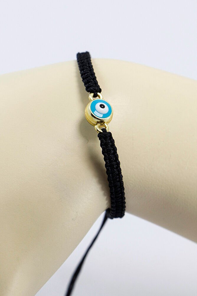 Gümüş Renkli Metal Mineli Turkuaz Nazar Boncuğu Ayarlanabilir Asansörlü Siyah Bileklik