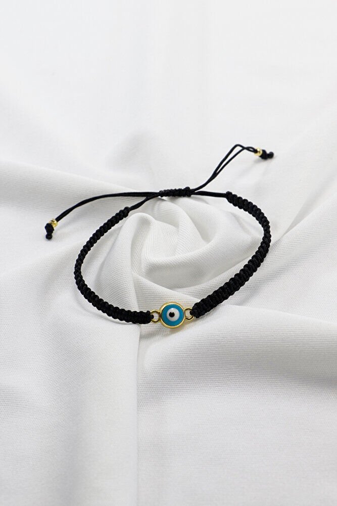 Gümüş Renkli Metal Mineli Turkuaz Nazar Boncuğu Ayarlanabilir Asansörlü Siyah Bileklik