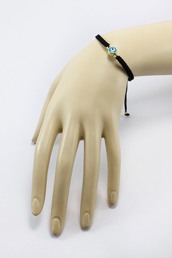 Gümüş Renkli Metal Mineli Turkuaz Nazar Boncuğu Ayarlanabilir Asansörlü Siyah Bileklik