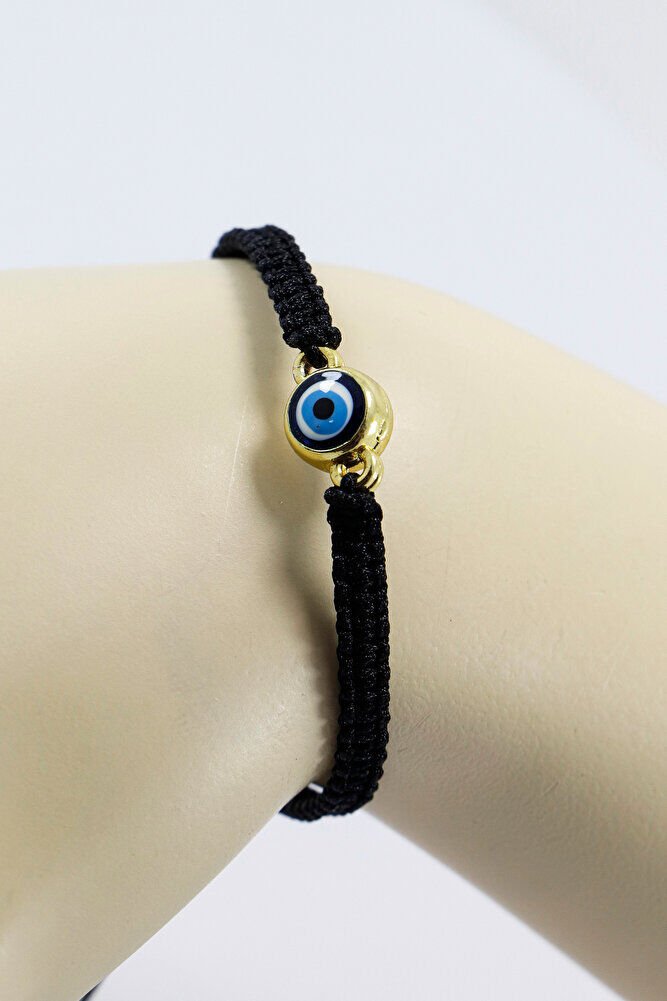 Gold Renkli Metal Minik Nazar Boncuğu Ayarlanabilir Asansörlü Siyah Bileklik