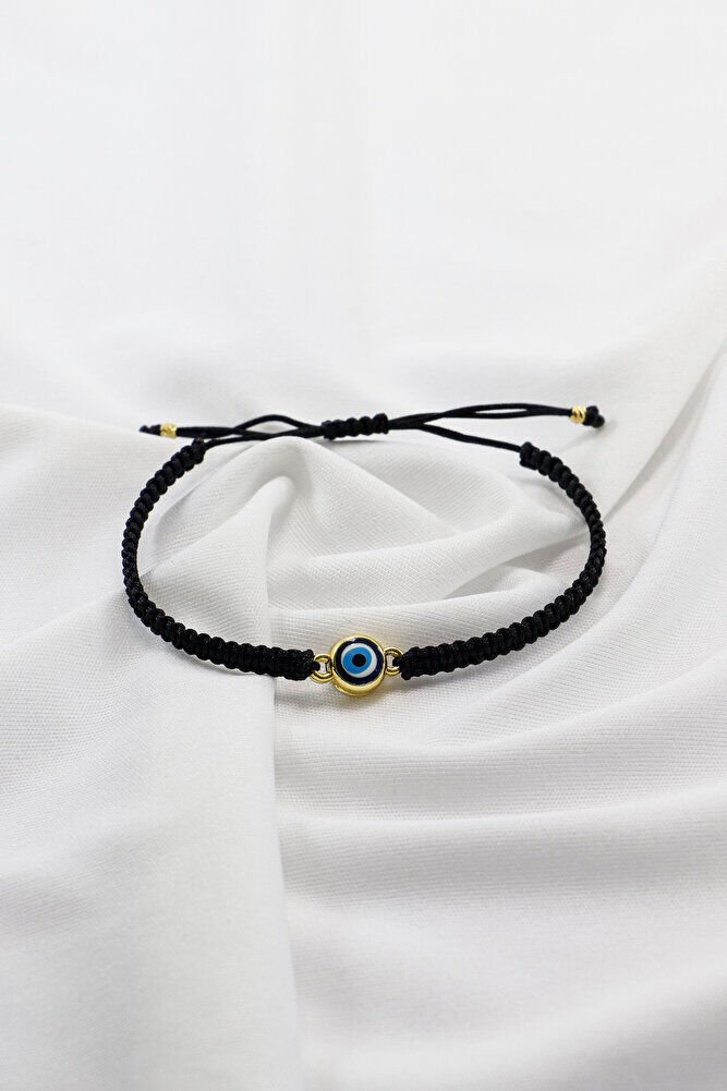 Gold Renkli Metal Minik Nazar Boncuğu Ayarlanabilir Asansörlü Siyah Bileklik