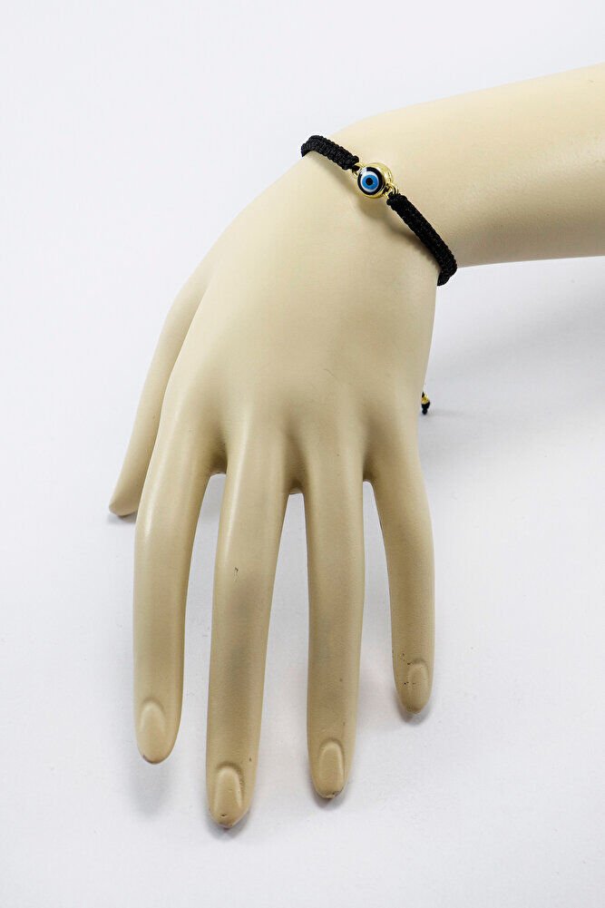 Gold Renkli Metal Minik Nazar Boncuğu Ayarlanabilir Asansörlü Siyah Bileklik