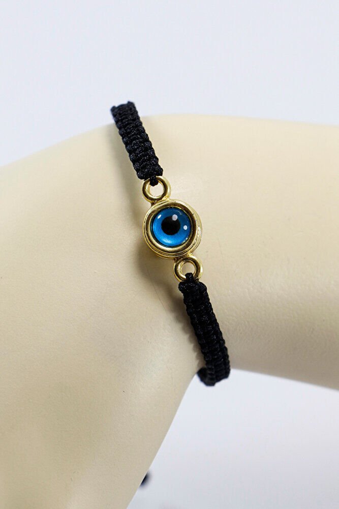 Gold Renkli Metal Çift Taraflı Cam Nazar Boncuğu Ayarlanabilir Asansörlü Siyah Bileklik