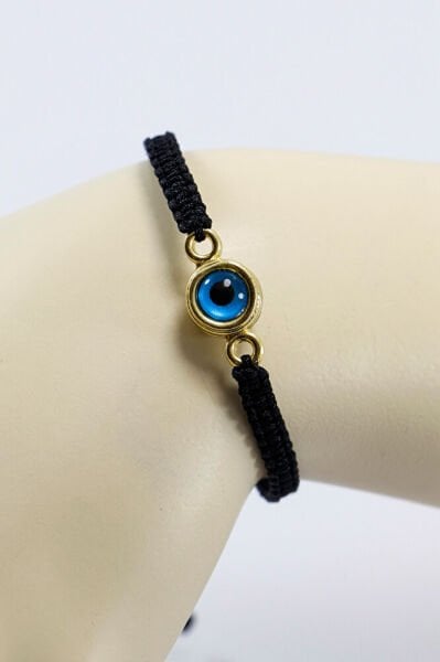 Gold Renkli Metal Çift Taraflı Cam Nazar Boncuğu Ayarlanabilir Asansörlü Siyah Bileklik