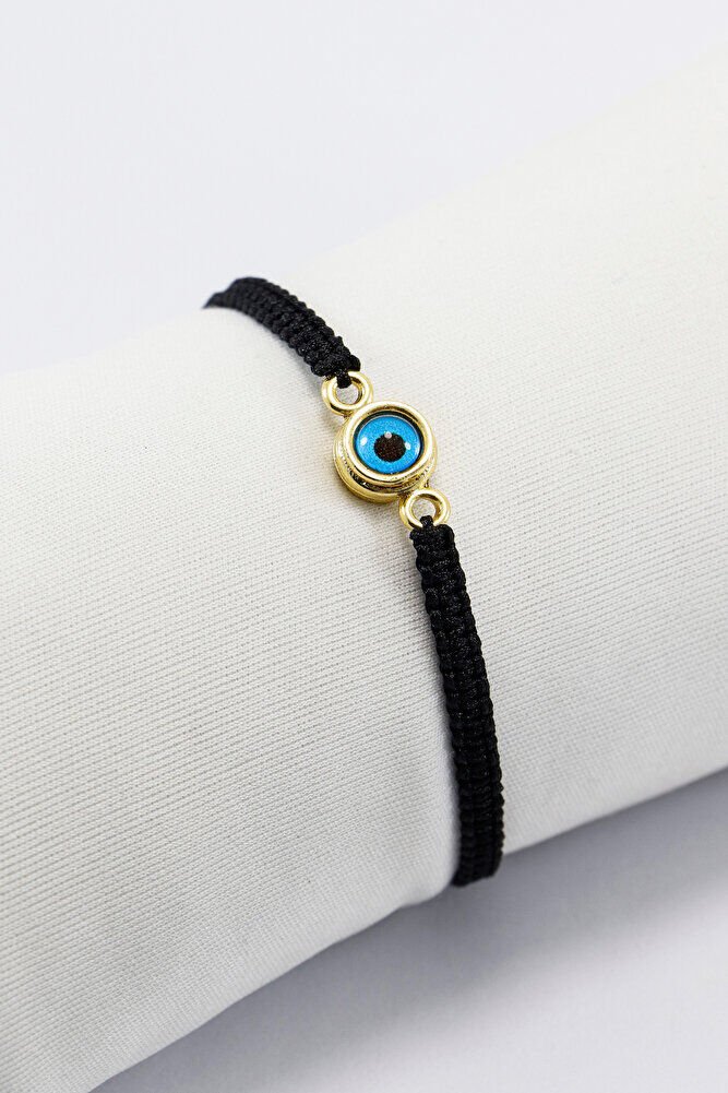 Gold Renkli Metal Çift Taraflı Cam Nazar Boncuğu Ayarlanabilir Asansörlü Siyah Bileklik