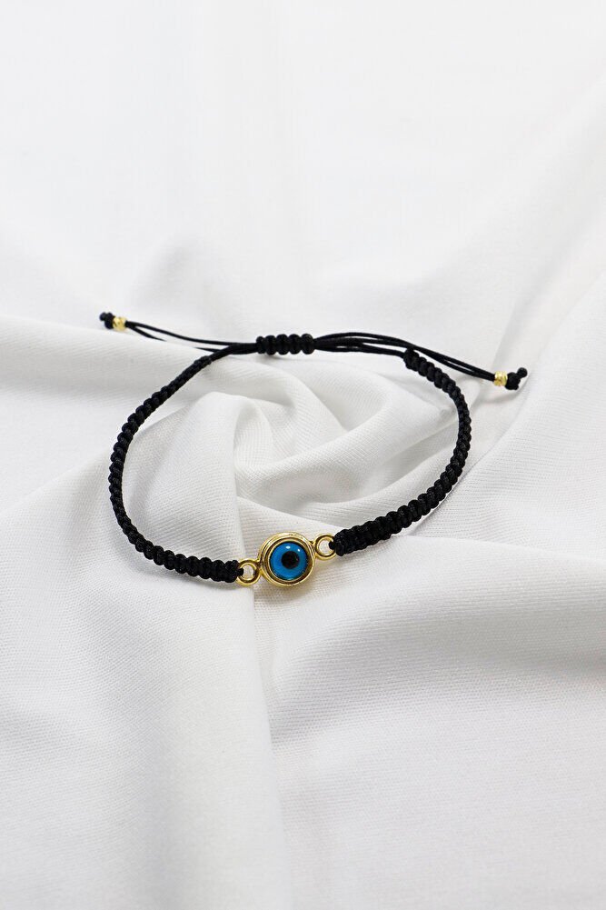 Gold Renkli Metal Çift Taraflı Cam Nazar Boncuğu Ayarlanabilir Asansörlü Siyah Bileklik