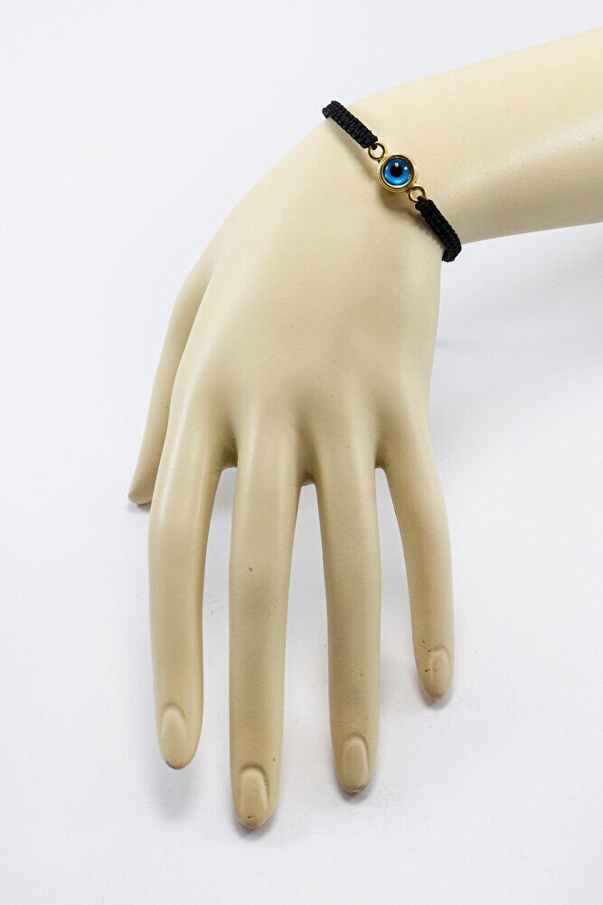 Gold Renkli Metal Çift Taraflı Cam Nazar Boncuğu Ayarlanabilir Asansörlü Siyah Bileklik