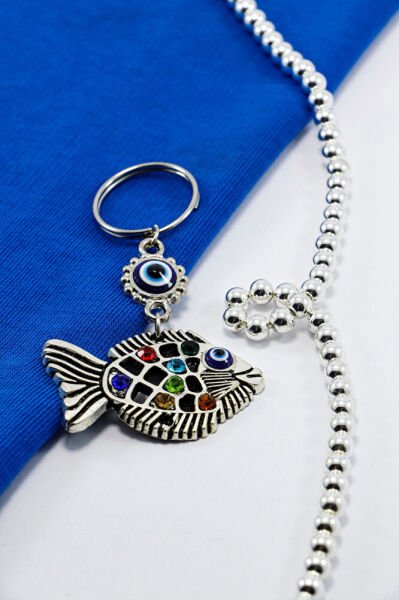 Nazar Boncuklu Parlak Taşlı Metal Balık Anahtarlık, Çanta Süsü