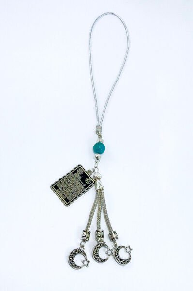 Turkuaz Doğal Taşlı Salkım Ay Yıldız Metal Ayetel Kürsi Araba Dikiz Ayna Süsü, Yeni Araba Hediyesi