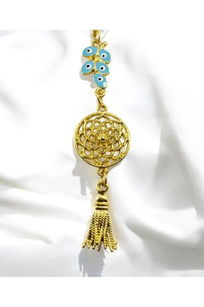 Turkuaz Salkım Nazar Boncuğu Metal Lotus Çiçeği Araba Dikiz Ayna Süsü/ Altın Rengi Metal Püsküllü