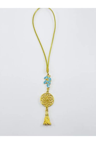 Turkuaz Salkım Nazar Boncuğu Metal Lotus Çiçeği Araba Dikiz Ayna Süsü/ Altın Rengi Metal Püsküllü