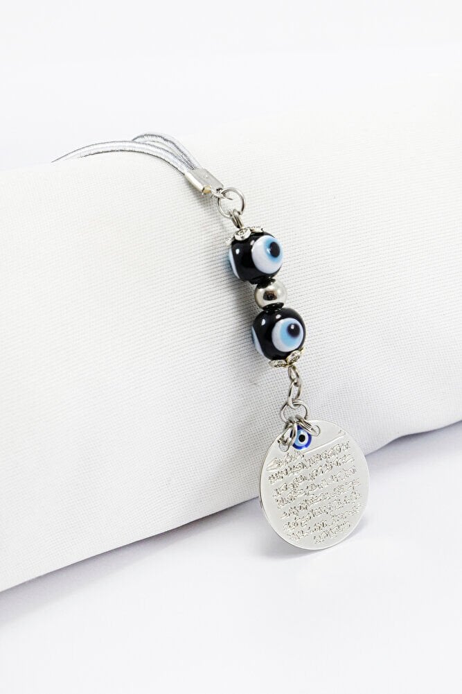 Siyah Cam Çift Nazar Boncuğu Gümüş Renkli Metal Ayetel Kürsi Dikiz Ayna Süsü