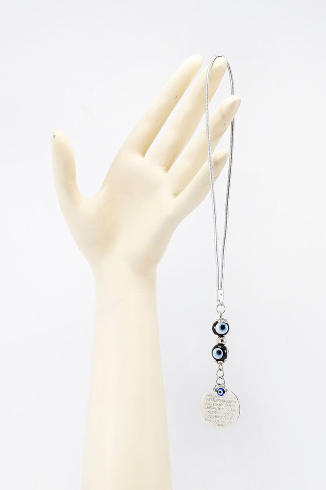 Siyah Cam Çift Nazar Boncuğu Gümüş Renkli Metal Ayetel Kürsi Dikiz Ayna Süsü