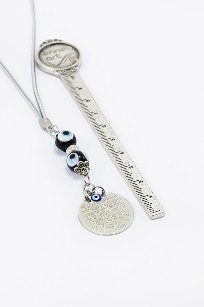 Siyah Cam Çift Nazar Boncuğu Gümüş Renkli Metal Ayetel Kürsi Dikiz Ayna Süsü