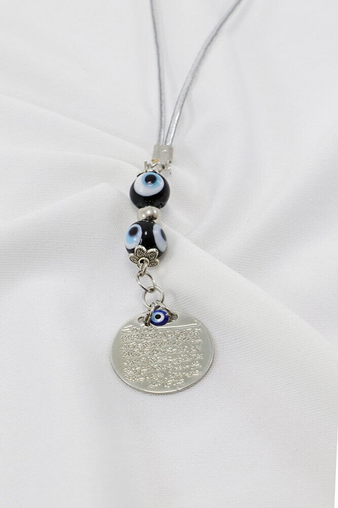 Siyah Cam Çift Nazar Boncuğu Gümüş Renkli Metal Ayetel Kürsi Dikiz Ayna Süsü