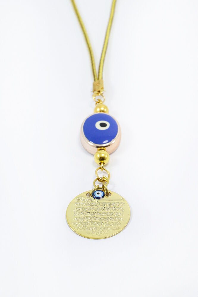 Metal Nazar Boncuğu Gold Renkli Metal Ayet'el Kürsi Dikiz Ayna Süsü