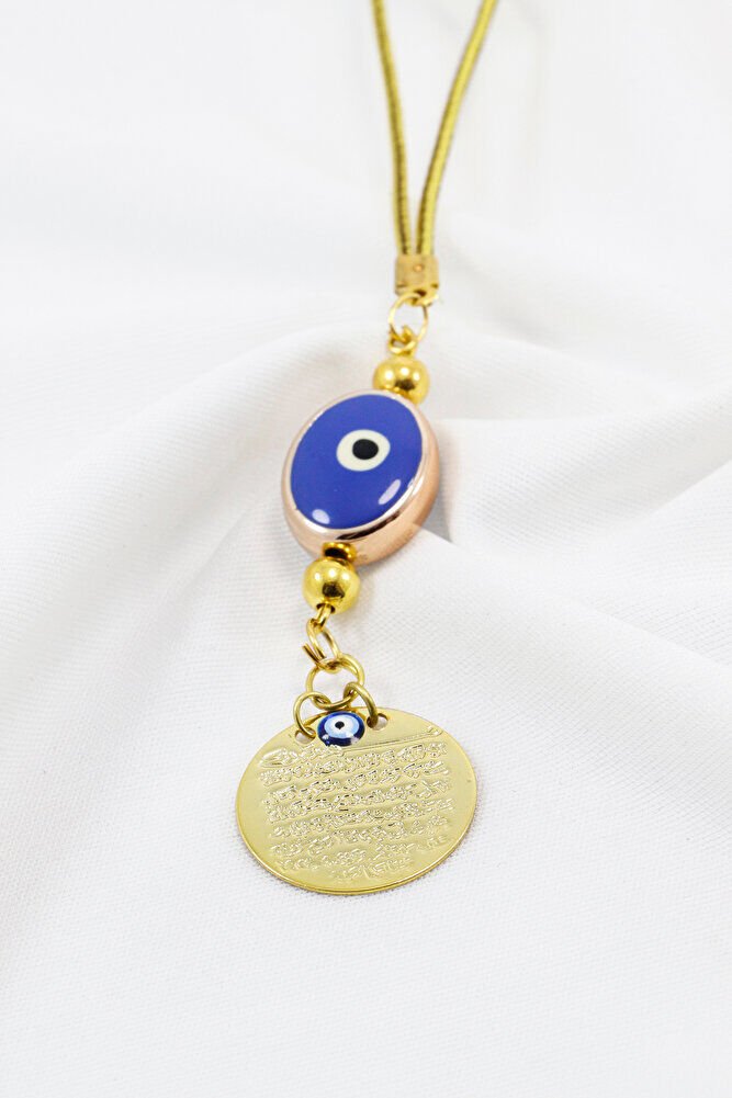 Metal Nazar Boncuğu Gold Renkli Metal Ayet'el Kürsi Dikiz Ayna Süsü